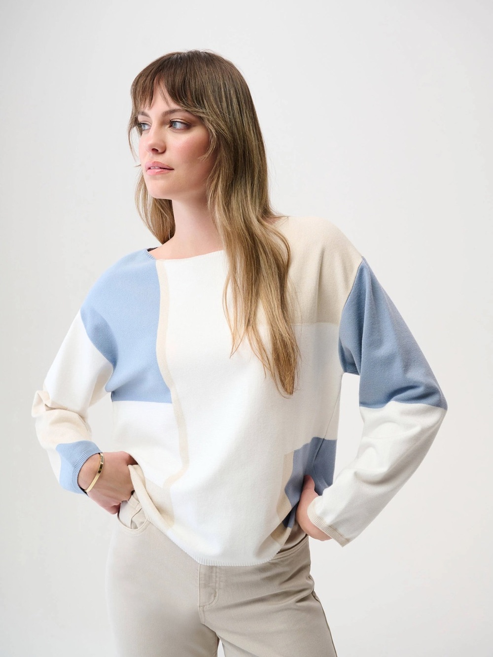 Joseph Ribkoff- 21997 Geometric Colorblock Crewneck Sweater - Light Blue & Cream - Picture 3 of 3